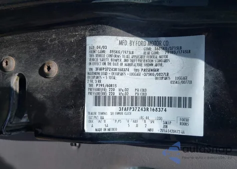 2003 Ford Focus Zx5 from USA, damaged, VIN 3FAFP37Z43R168374